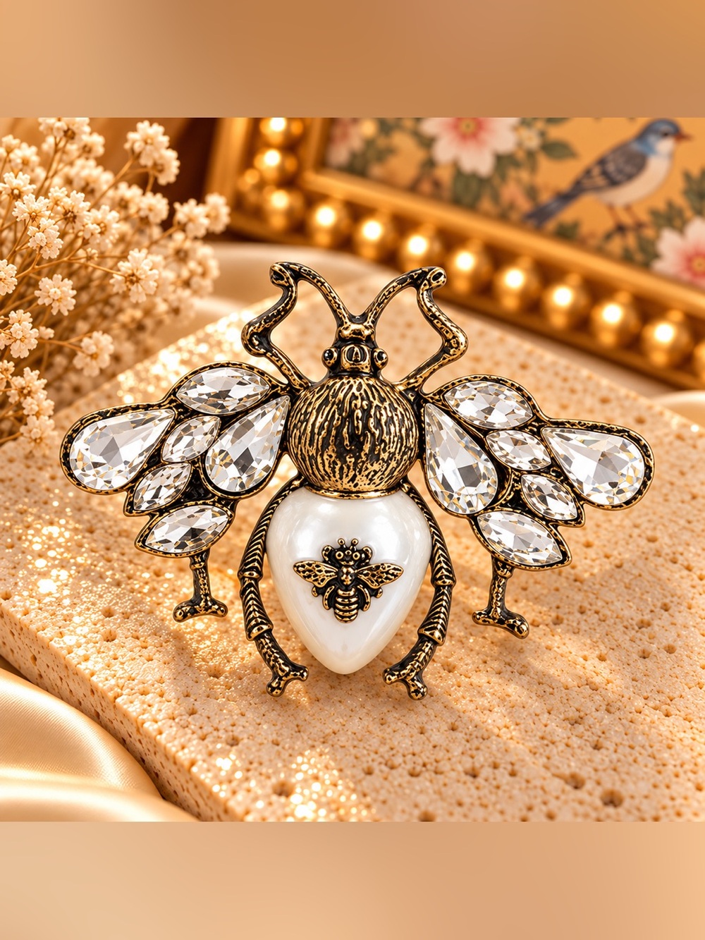 Crystal Bee Statement Brooch Gold Tone White Enamel